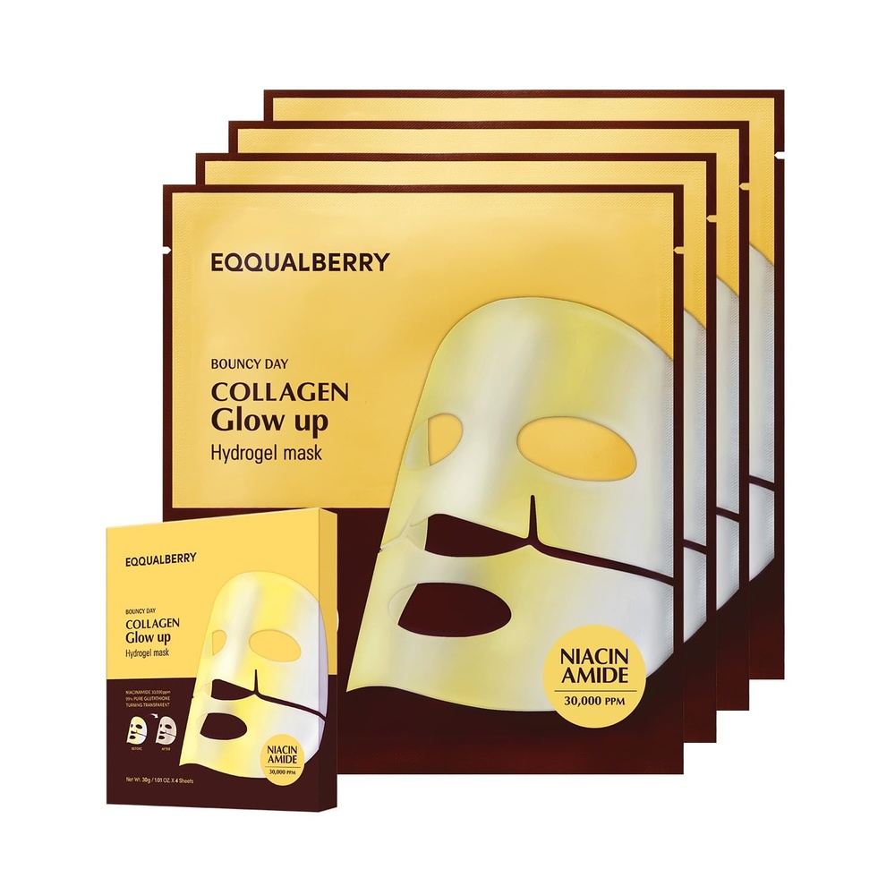 image:imageEQQUALBERRY Collagen Glow Up Mask Niacinamide amp Low Molecular Collagen for Brightening and Radiance Boosting Korean Collagen Face Mask for Glass Skin 4 Sheets 101 OZGlow Up